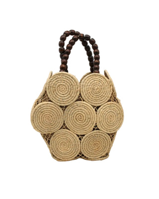 Romy Crochet Disc Raffia Straw Handbag with Wooden Bead Handles