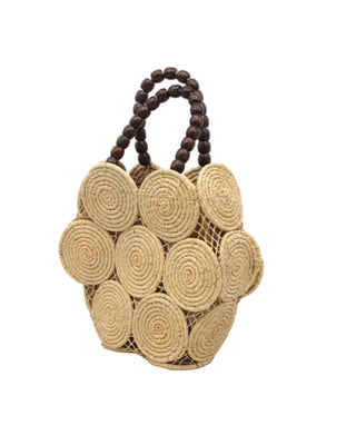Romy Crochet Disc Raffia Straw Handbag with Wooden Bead Handles