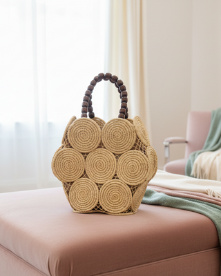 Romy Crochet Disc Raffia Straw Handbag with Wooden Bead Handles