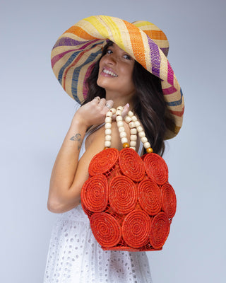 Romy Crochet Disc Raffia Straw Handbag with Wooden Bead Handles