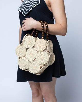 Romy Crochet Disc Raffia Straw Handbag with Wooden Bead Handles