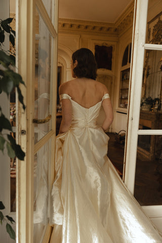 Rouvell Adeline Gown in ivory brocade at Mae Bridal, corset wedding gown, unique wedding dress
