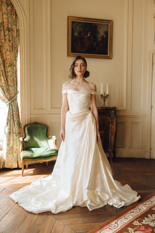 Rouvell Adeline Gown in ivory brocade at Mae Bridal, corset wedding gown, wedding dress ball gown