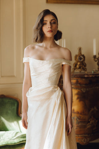 Rouvell Adeline Gown in ivory brocade at Mae Bridal, drop waist bridal gown, wedding dress ball gown