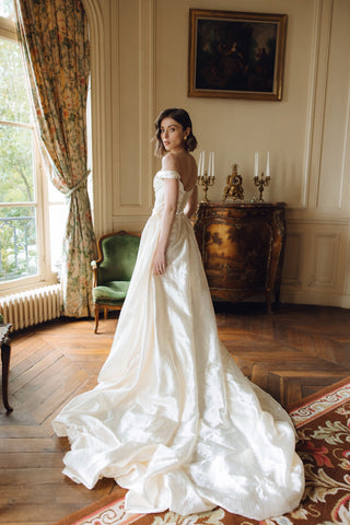 Rouvell Adeline Gown in ivory brocade at Mae Bridal, drop waist bridal gown, wedding dress with train