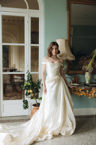 Rouvell Adeline Gown in ivory brocade at Mae Bridal, unique wedding dress, drop waist bridal gown