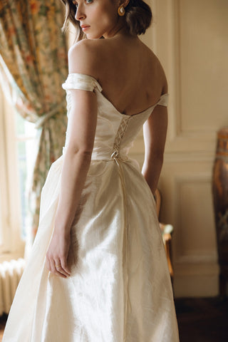 Rouvell Adeline Gown in ivory brocade at Mae Bridal, wedding dress ball gown, corset wedding gown