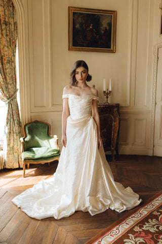 Rouvell Adeline Gown in ivory brocade at Mae Bridal, wedding dress with train, unique wedding dress