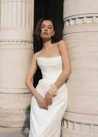 Rouvell Agata Gown in ivory satin and lace at Mae Bridal, corset wedding gown, drop waist bridal gown