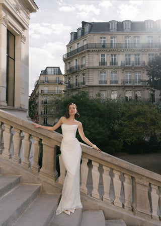 Rouvell Agata Gown in ivory satin and lace at Mae Bridal, lace bridal gowns, drop waist bridal gown
