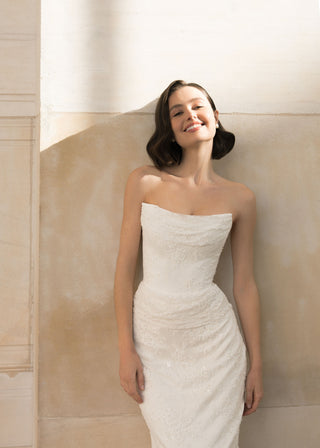 Rouvell Agata Gown in ivory satin and lace at Mae Bridal, mermaid wedding dress, corset wedding gown