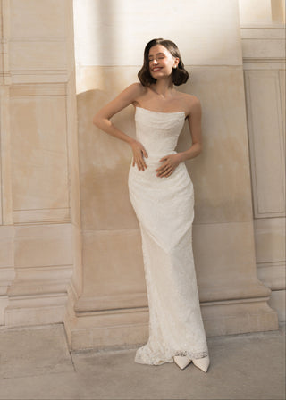 Rouvell Agata Gown in ivory satin and lace at Mae Bridal, mermaid wedding dress, lace bridal gowns