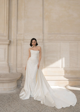 Rouvell Agata Gown in ivory satin and lace at Mae Bridal, mermaid wedding dress, wedding dress with train
