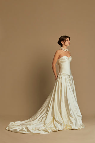 Rouvell Barbara Gown in ivory satin at Mae Bridal, off the shoulder wedding dress, wedding dress with train
