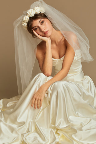 Rouvell Barbara Gown in ivory satin at Mae Bridal, romantic ivory wedding dress, wedding dress with train