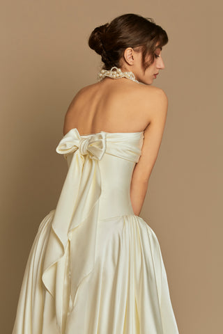 Rouvell Barbara Gown in ivory satin at Mae Bridal, wedding dress a-line skirt, romantic ivory wedding dress
