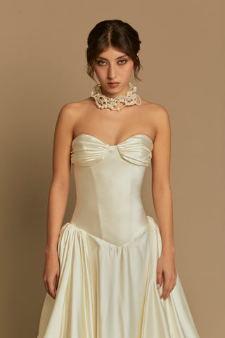 Rouvell Barbara Gown in ivory satin at Mae Bridal, wedding dress a-line skirt, wedding dress with train