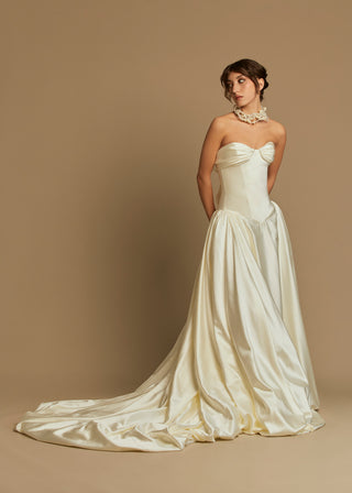 Rouvell Barbara Gown in ivory satin at Mae Bridal, wedding dress ball gown, off the shoulder wedding dress