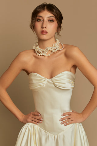 Rouvell Barbara Gown in ivory satin at Mae Bridal, wedding dress ball gown, off the shoulder wedding dress