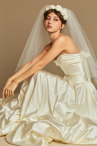 Rouvell Barbara Gown in ivory satin at Mae Bridal, wedding dress with train, wedding dress ball gown