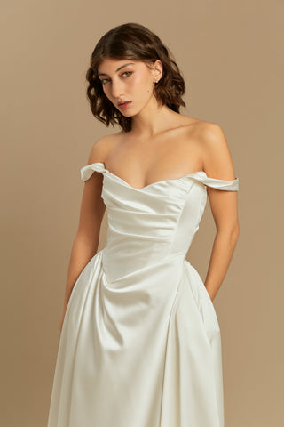 Rouvell Caroline Gown in ivory satin at Mae Bridal, off the shoulder wedding dress, romantic ivory wedding dress