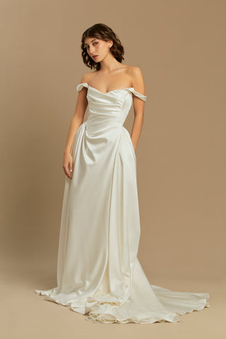 Rouvell Caroline Gown in ivory satin at Mae Bridal, romantic ivory wedding dress, wedding dress ball gown