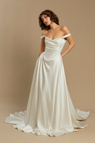 Rouvell Caroline Gown in ivory satin at Mae Bridal, wedding dress ball gown, off the shoulder wedding dress