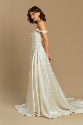 Rouvell Caroline Gown in ivory satin at Mae Bridal, wedding dress ball gown, romantic ivory wedding dress