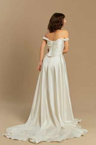 Rouvell Caroline Gown in ivory satin at Mae Bridal, wedding dress ball gown, wedding dress with train