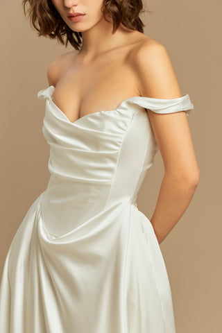 Rouvell Caroline Gown in ivory satin at Mae Bridal, wedding dress with train, off the shoulder wedding dress