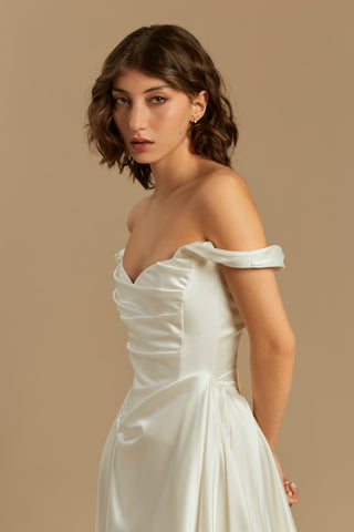 Rouvell Caroline Gown in ivory satin at Mae Bridal, wedding dress with train, romantic ivory wedding dress