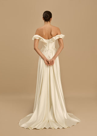 Rouvell Celine Gown in ivory satin at Mae Bridal, corset wedding gown, ivory modern bridal gown