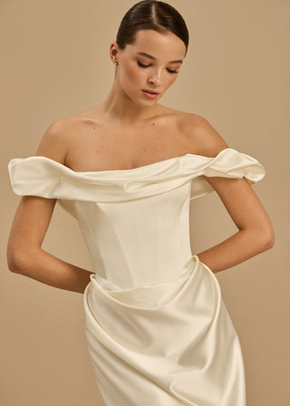 Rouvell Celine Gown in ivory satin at Mae Bridal, corset wedding gown, ivory modern bridal gown