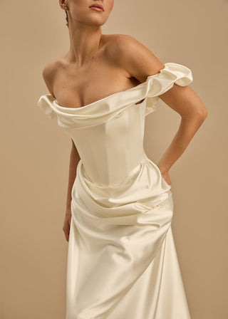 Rouvell Celine Gown in ivory satin at Mae Bridal, corset wedding gown, romantic ivory wedding dress
