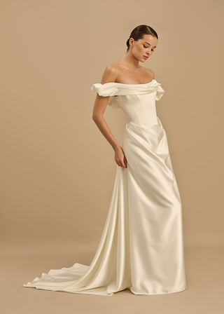 Rouvell Celine Gown in ivory satin at Mae Bridal, corset wedding gown, romantic ivory wedding dress