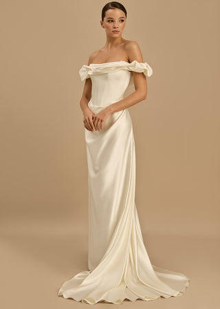 Rouvell Celine Gown in ivory satin at Mae Bridal, corset wedding gown, wedding dress with train
