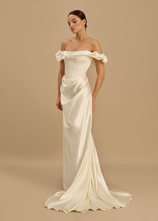 Rouvell Celine Gown in ivory satin at Mae Bridal, corset wedding gown, wedding dress with train