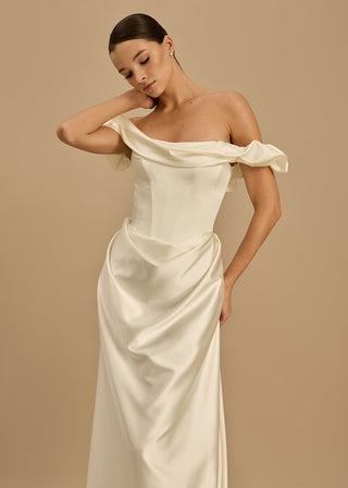Rouvell Celine Gown in ivory satin at Mae Bridal, ivory modern bridal gown, romantic ivory wedding dress
