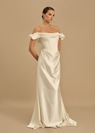 Rouvell Celine Gown in ivory satin at Mae Bridal, ivory modern bridal gown, wedding dress with train