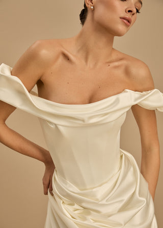 Rouvell Celine Gown in ivory satin at Mae Bridal, romantic ivory wedding dress, corset wedding gown