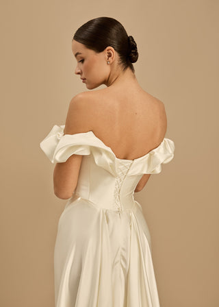 Rouvell Celine Gown in ivory satin at Mae Bridal, romantic ivory wedding dress, wedding dress with train