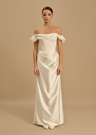 Rouvell Celine Gown in ivory satin at Mae Bridal, wedding dress with train, corset wedding gown