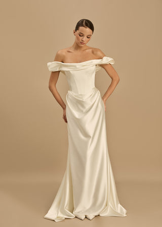 Rouvell Celine Gown in ivory satin at Mae Bridal, wedding dress with train, ivory modern bridal gown