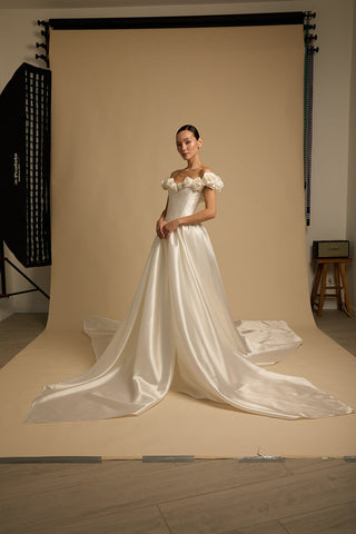 Rouvell Faith Gown in light ivory mikado at Mae Bridal, corset wedding gown, wedding dress a-line skirt