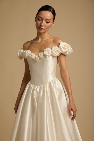 Rouvell Faith Gown in light ivory mikado at Mae Bridal, drop waist bridal gown, corset wedding gown