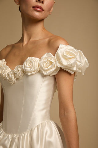 Rouvell Faith Gown in light ivory mikado at Mae Bridal, drop waist bridal gown, romantic ivory wedding dress