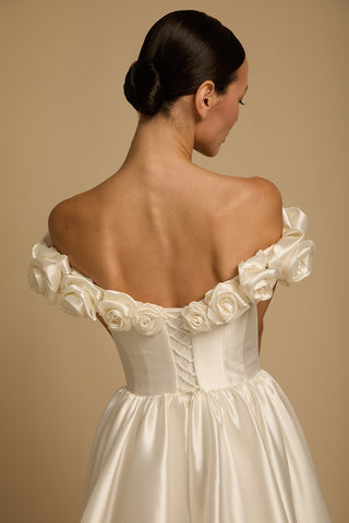 Rouvell Faith Gown in light ivory mikado at Mae Bridal, wedding dress a-line skirt, wedding dress with train