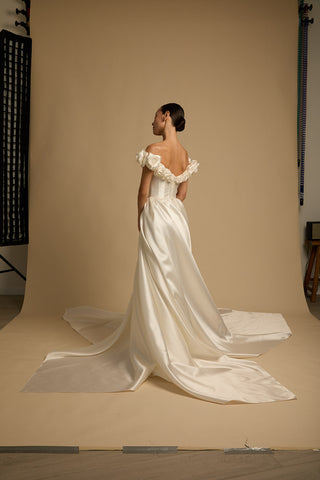 Rouvell Faith Gown in light ivory mikado at Mae Bridal, wedding dress with train, drop waist bridal gown