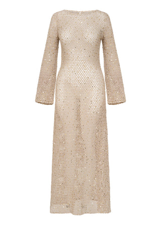Yolanda Handmade Sequin Button-Back Knit Maxi Dress Beige
