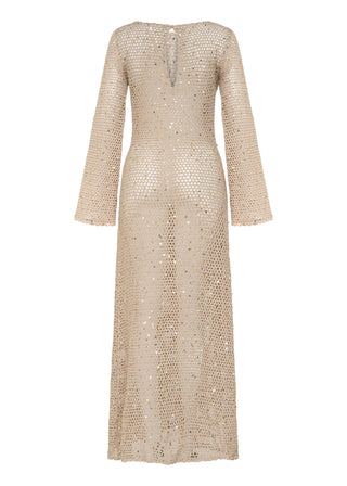 Yolanda Handmade Sequin Button-Back Knit Maxi Dress Beige